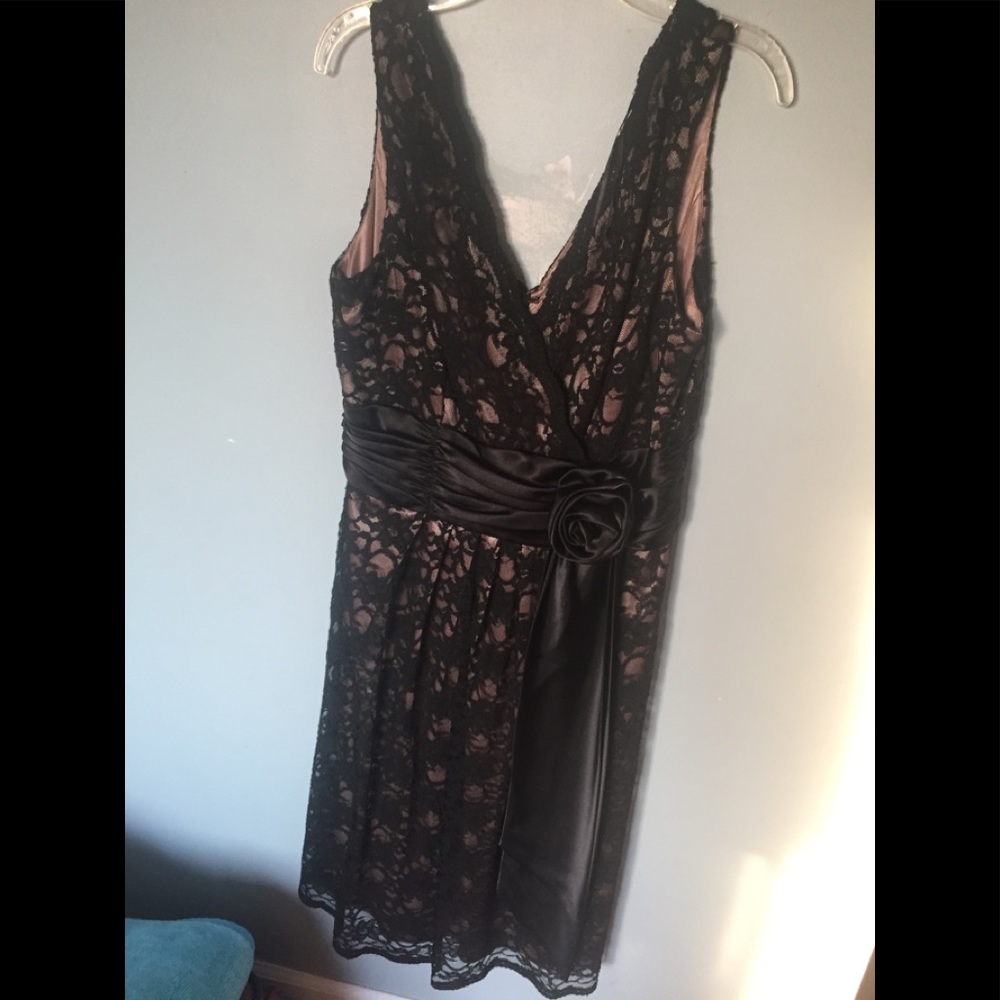 Black lace and satin dress with tie sash